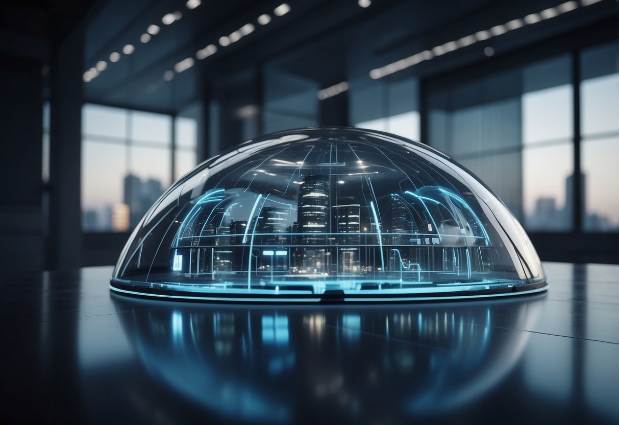 A futuristic building with sensors and data streams, AI algorithms analyzing real estate systems for predictive maintenance