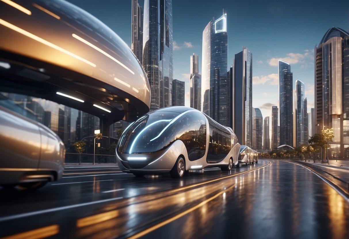 A futuristic cityscape with AI-powered buildings and self-driving vehicles navigating the streets. Advanced technology seamlessly integrates with real estate