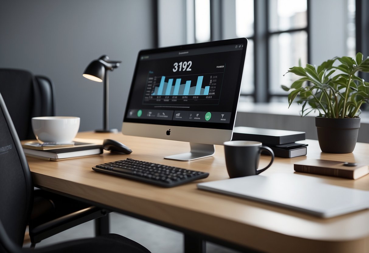 A sleek and modern office desk with a computer screen displaying the Pipedrive CRM dashboard for real estate, surrounded by files and a cup of coffee