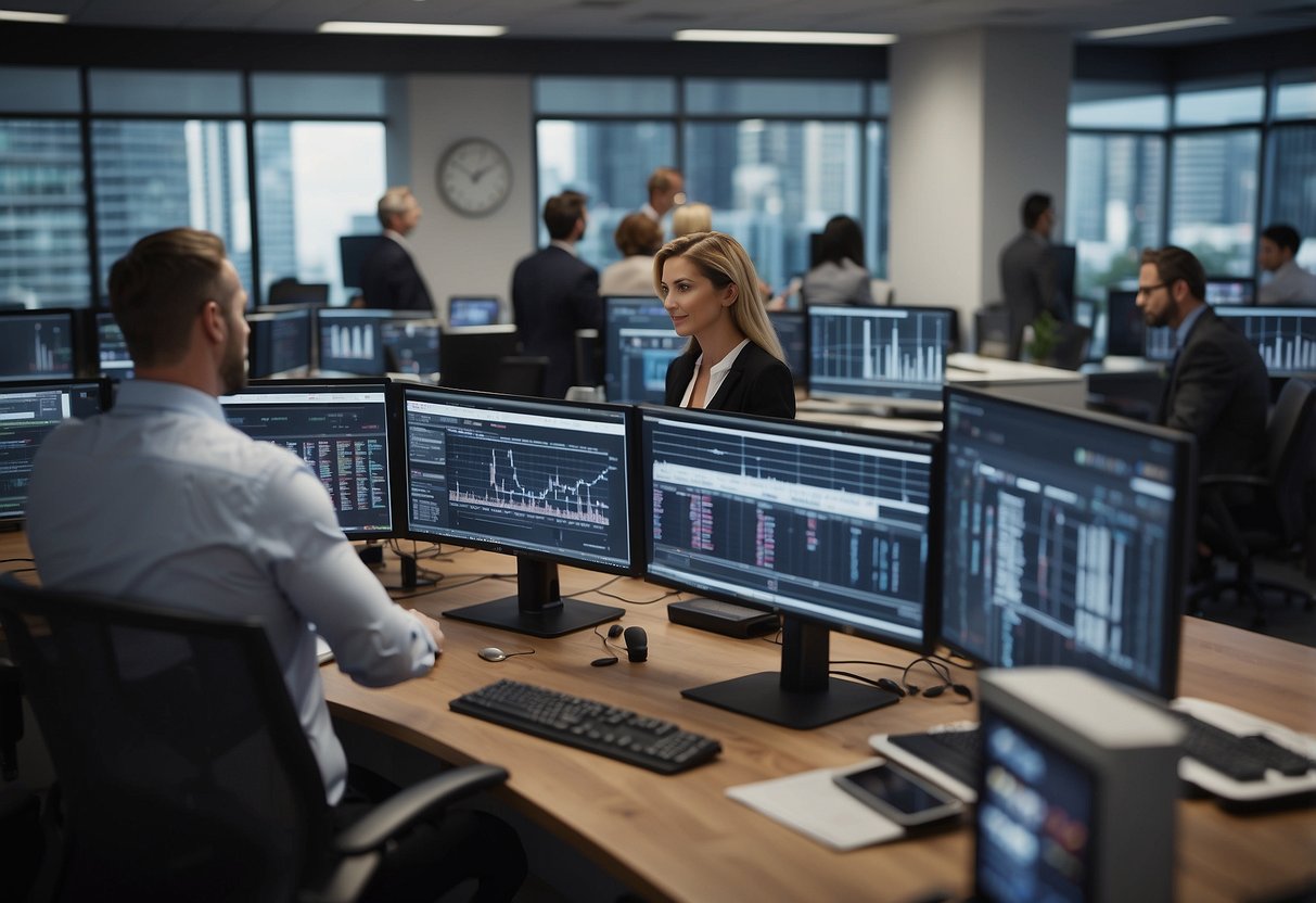 A bustling real estate office with agents using top CRMs, surrounded by charts, graphs, and digital screens