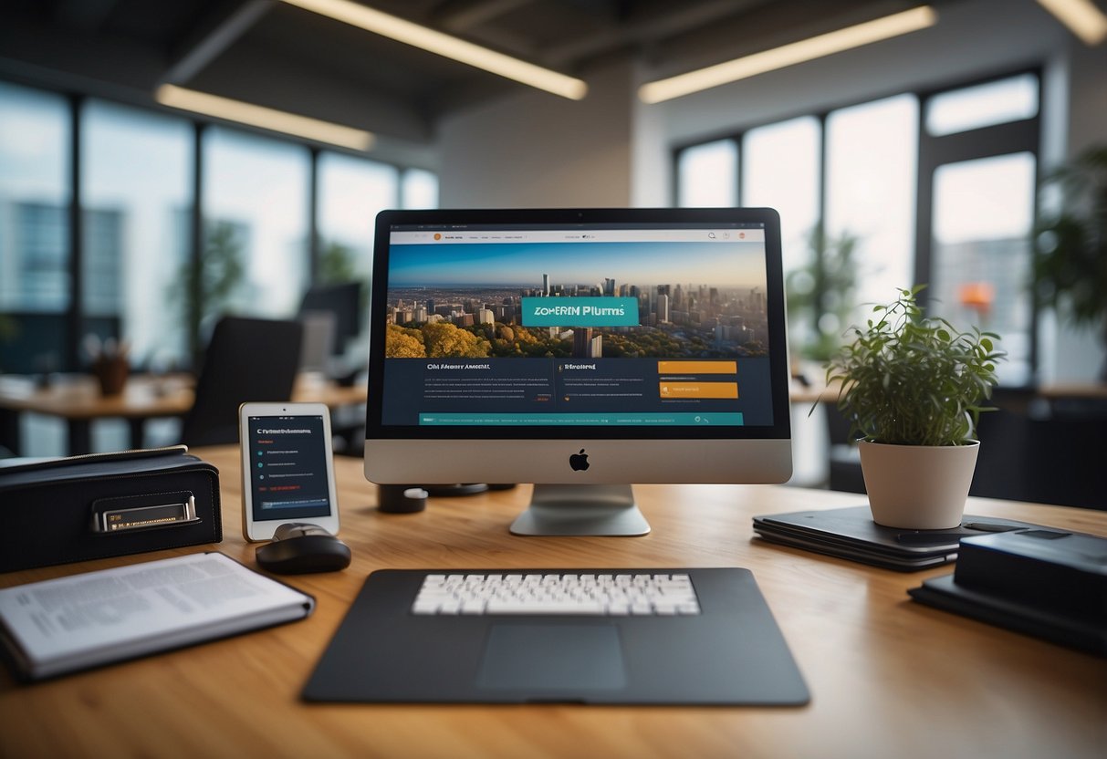 A modern office desk with a computer displaying the Zoho CRM platform, surrounded by real estate marketing materials and a professional business setting