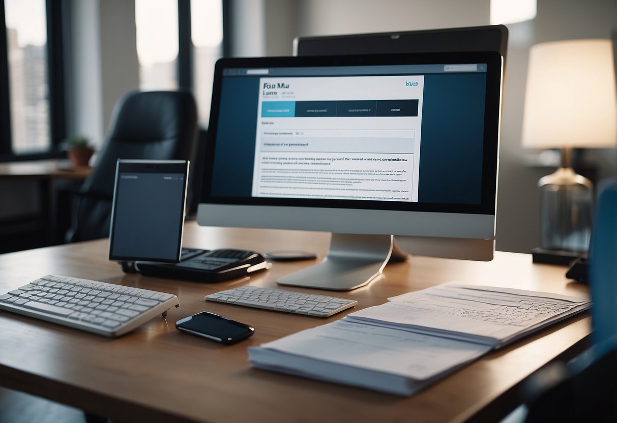 A modern office desk with a computer displaying "Follow Up Boss" CRM for real estate. A phone, notepad, and pen are neatly arranged next to the computer