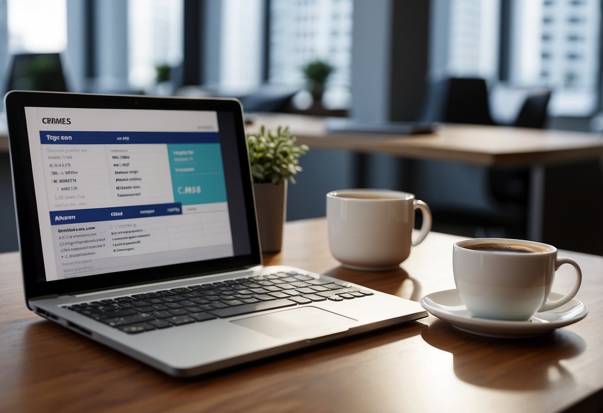 A sleek, modern office desk with a computer displaying "Wise Agent Top CRMs for Real Estate" on the screen. A notepad and pen sit next to the computer, with a cup of coffee nearby