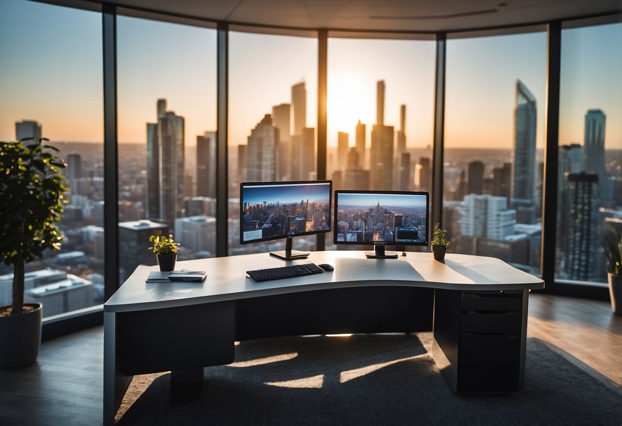 A sleek office desk with a computer displaying "SmartSuite Top CRMs for Real Estate" on the screen, surrounded by modern office decor and a city skyline outside the window