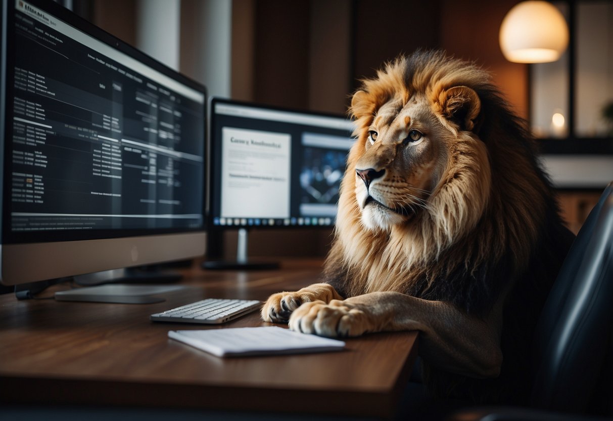 A lion sits majestically at a desk, surrounded by real estate documents and a computer screen displaying a CRM system