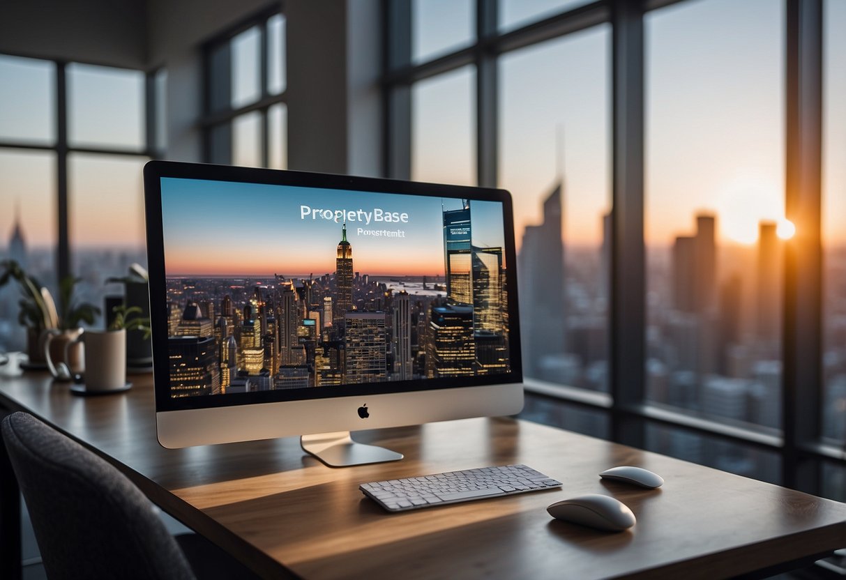 A modern office setting with a sleek computer displaying "Propertybase Top CRMs for Real Estate" on the screen, surrounded by real estate marketing materials and a city skyline visible through the window