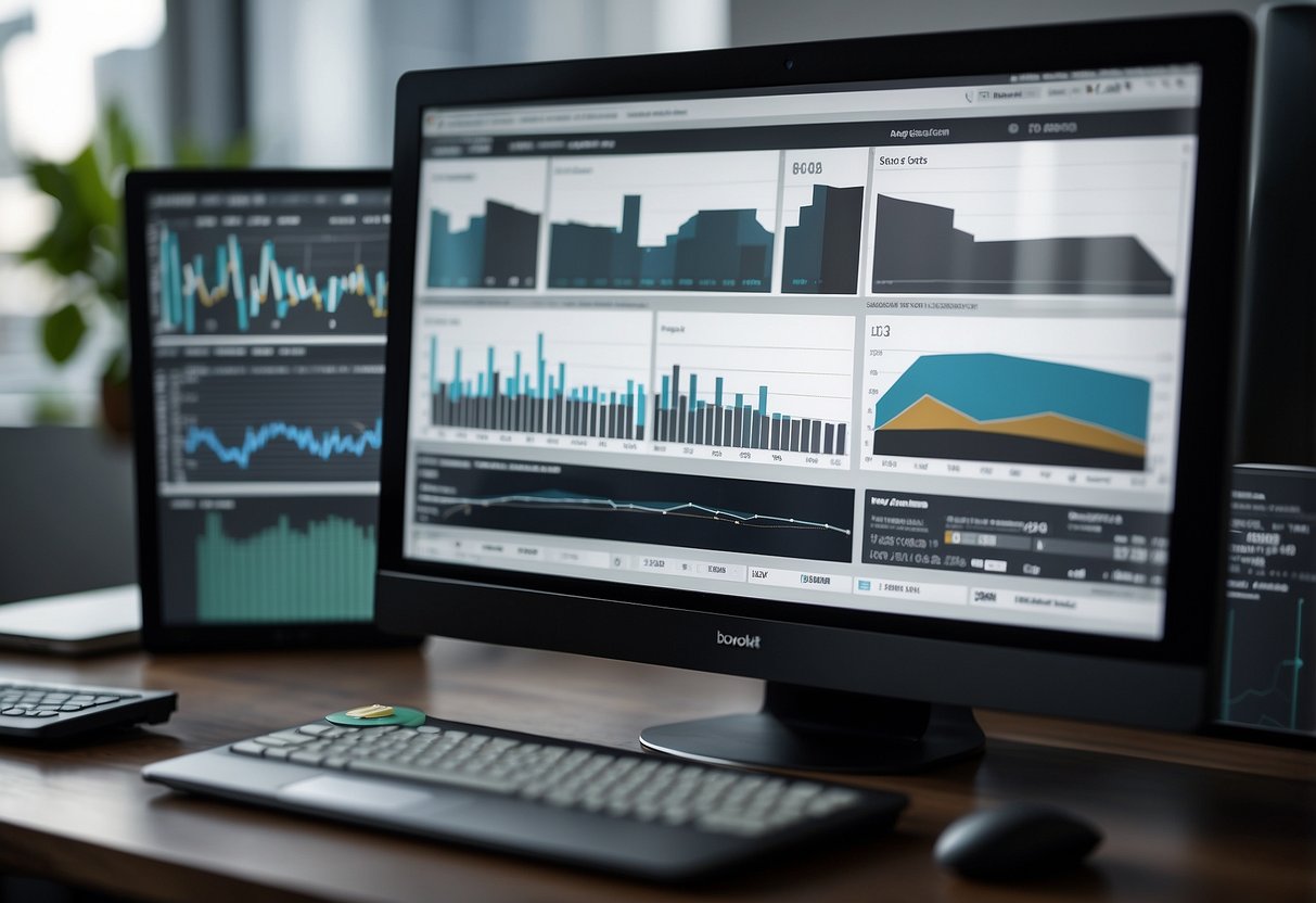 Various market analysis tools, charts, and graphs displayed on a computer screen, with a real estate agent analyzing data