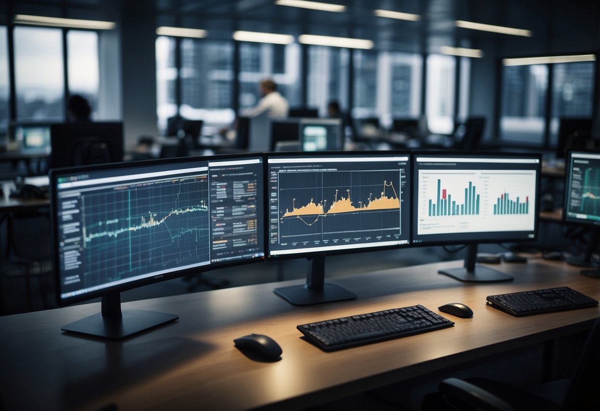 A modern office setting with computer screens displaying data charts and graphs, while employees collaborate and communicate efficiently