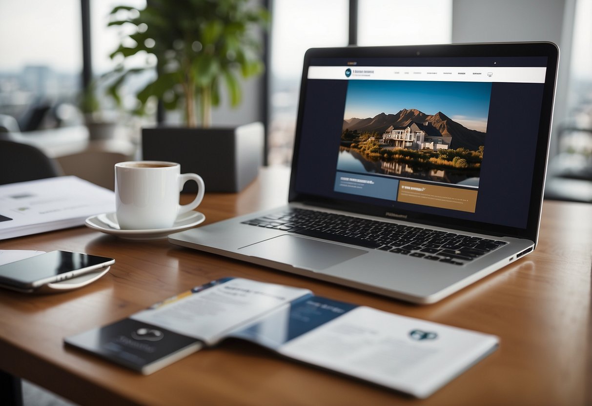 A laptop displaying real estate marketing chat with GPT. A stack of property brochures and a coffee mug on the desk