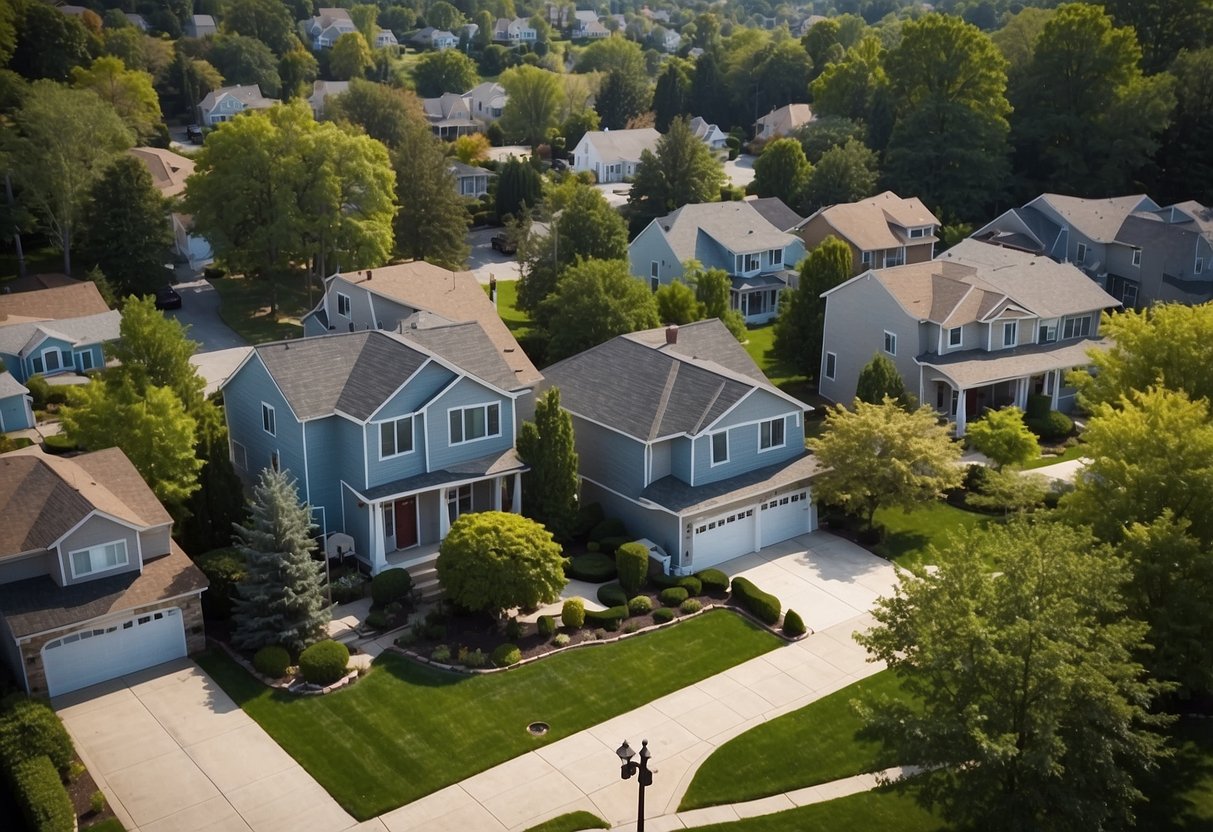 Aerial view of a suburban neighborhood with well-maintained homes, lush green lawns, and tree-lined streets. A "For Sale" sign stands out in front of a charming two-story house