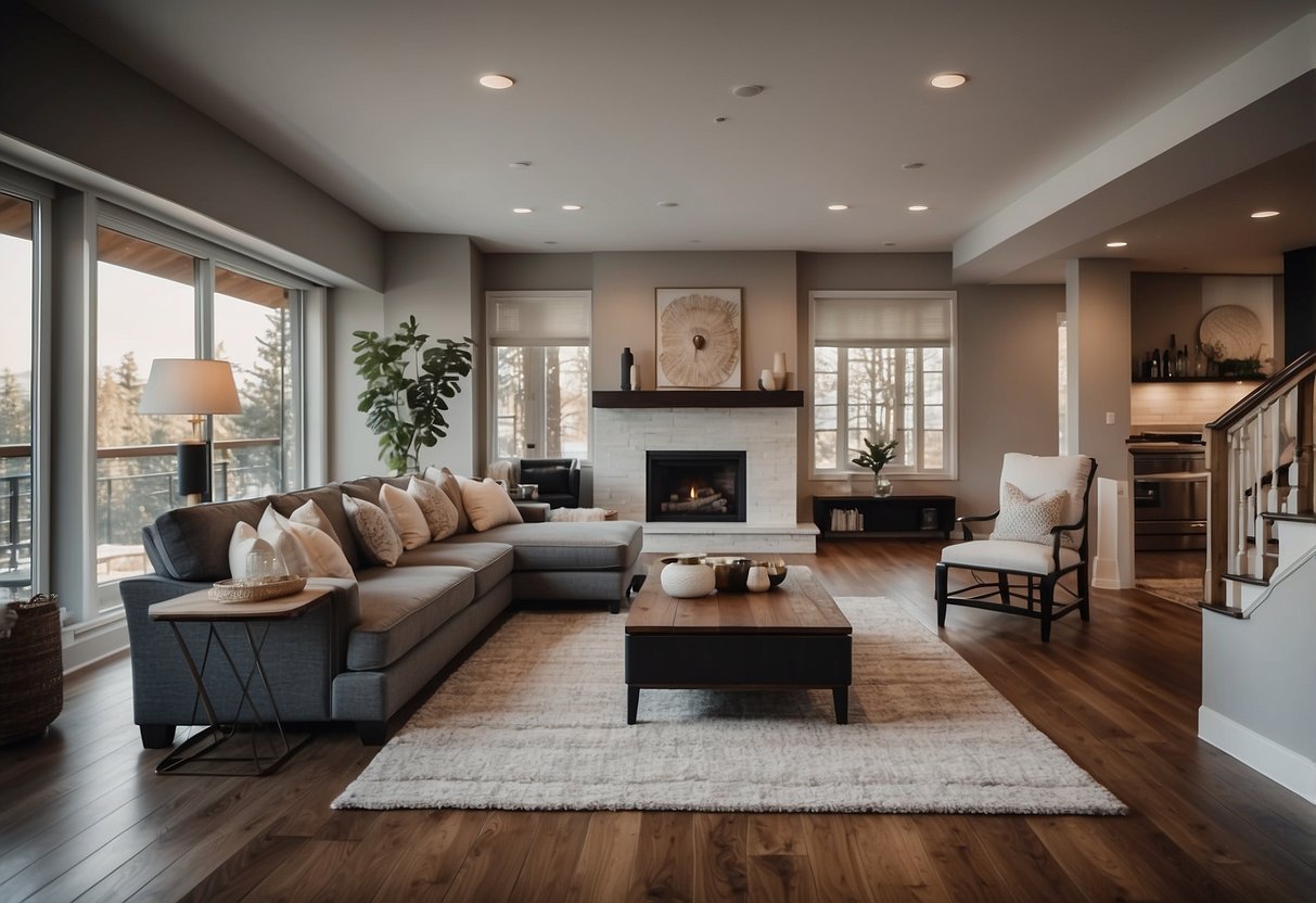 A cozy living room with a fireplace, large windows, and hardwood floors. A spacious kitchen with modern appliances and a breakfast bar. A luxurious master bedroom with an ensuite bathroom and walk-in closet