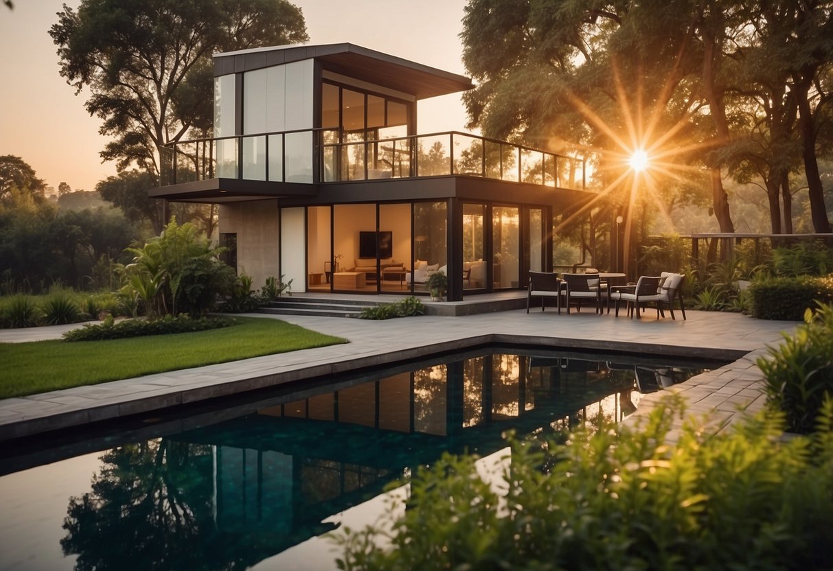 A modern house with a spacious backyard, surrounded by lush greenery and a serene pond. The sun is setting, casting a warm glow over the property