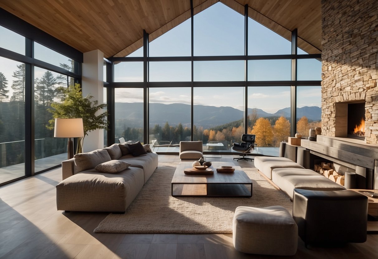 A modern living room with floor-to-ceiling windows, sleek furniture, and a cozy fireplace. The space is filled with natural light and offers stunning views of the surrounding landscape