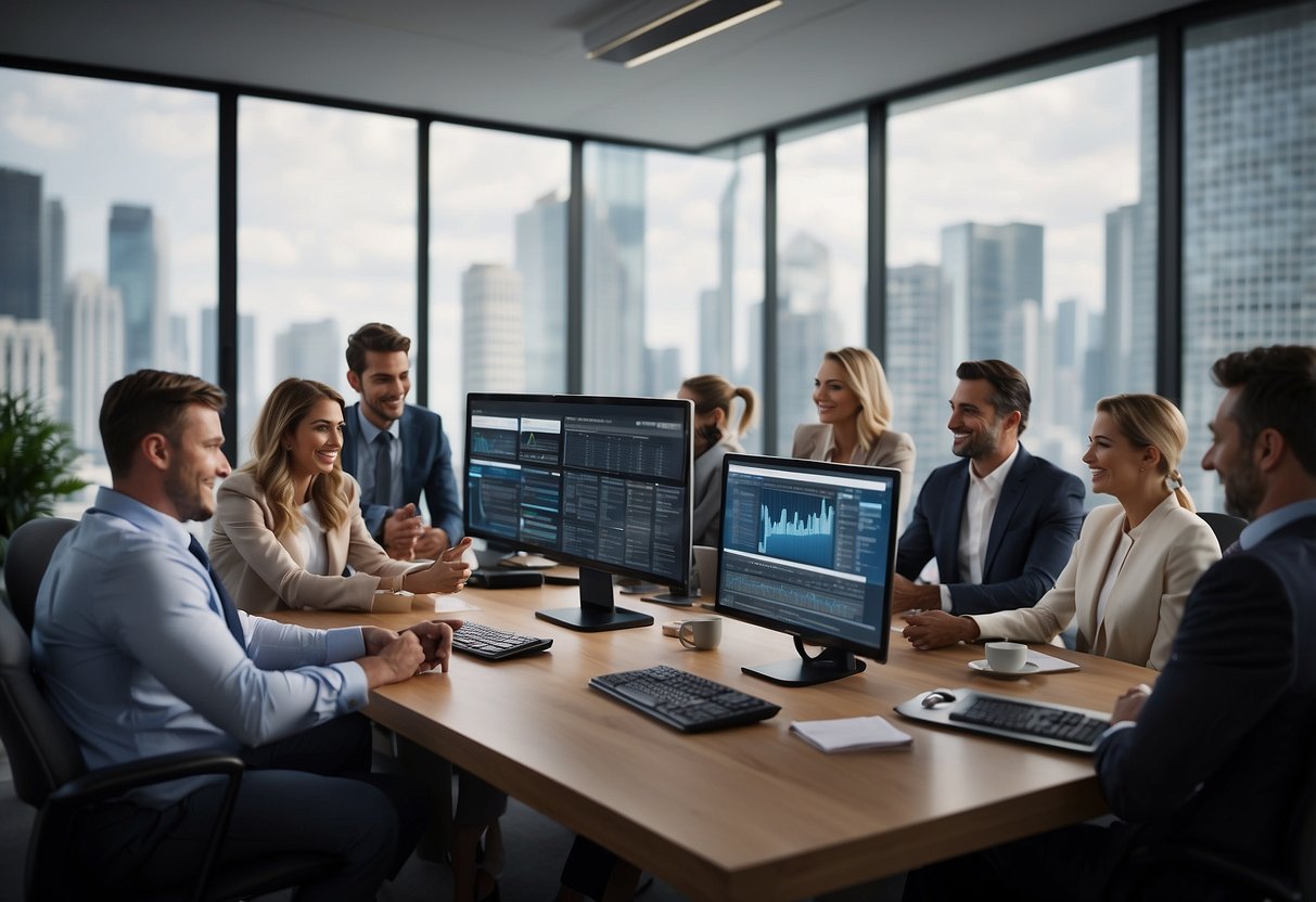 A bustling real estate office with agents on the phone, discussing listings, and reviewing contracts, while a digital sales productivity tool displays performance metrics on a large screen