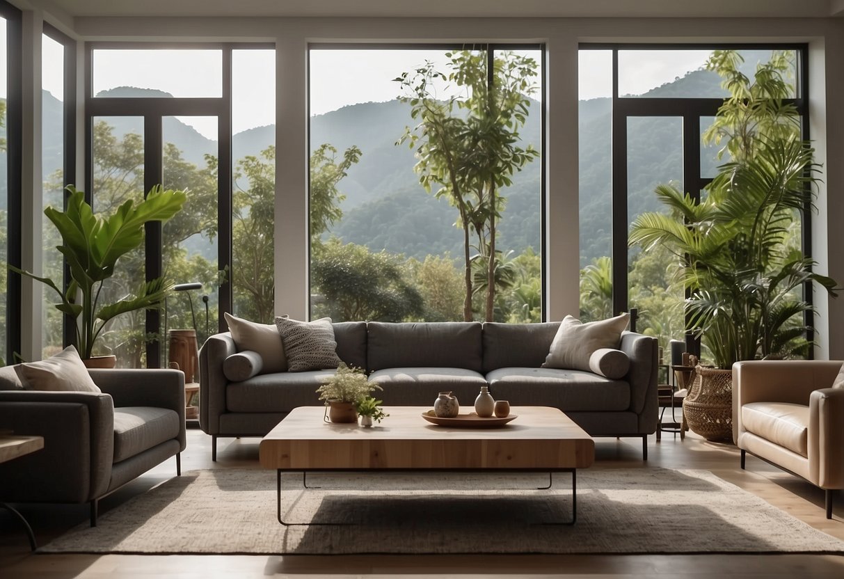 A modern living room with natural light, cozy furniture, and a view of a lush garden, inviting viewers to imagine themselves in the space