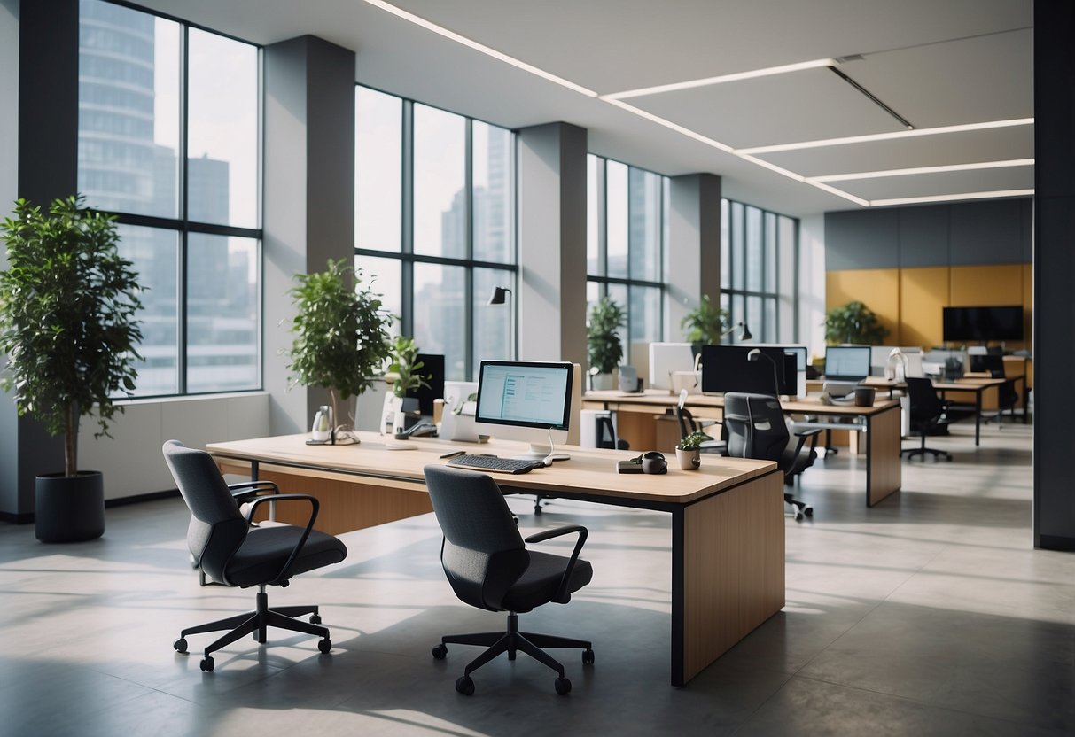 A modern office space with AI technology, virtual assistants, and automated systems. Bright, open layout with sleek furniture and high-tech equipment