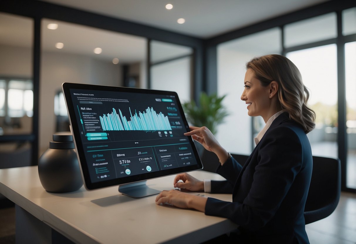 A real estate agent using a tablet to interact with an AI assistant, while analyzing property data and communicating with clients