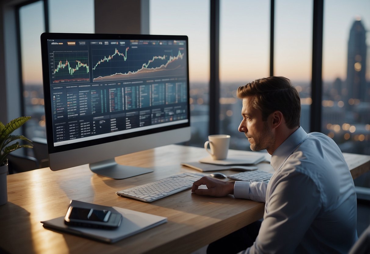 An AI assistant analyzing real estate data, surrounded by charts, graphs, and a computer screen displaying property information