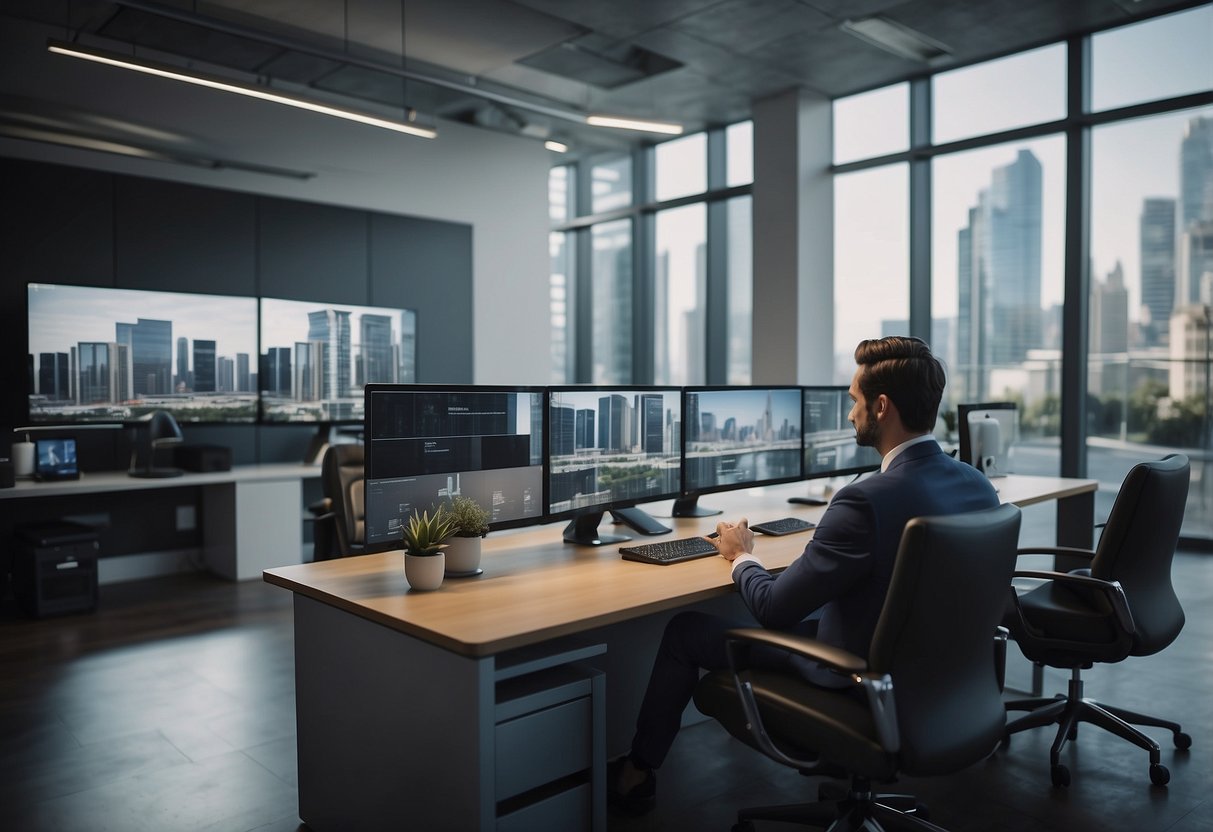 A modern office with AI real estate assistant interacting with clients via screens and devices, showcasing properties and answering questions