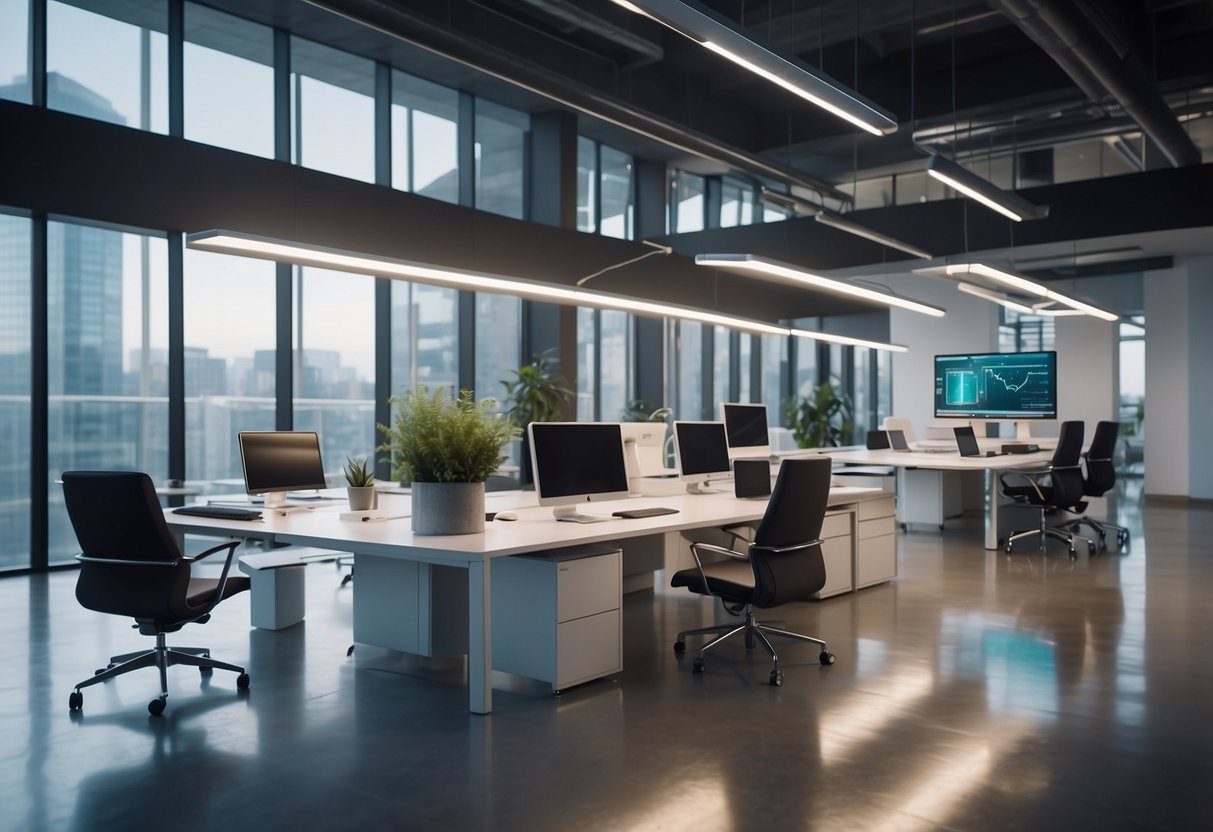 A sleek office space with futuristic real estate bots and AI assistants seamlessly coordinating property transactions