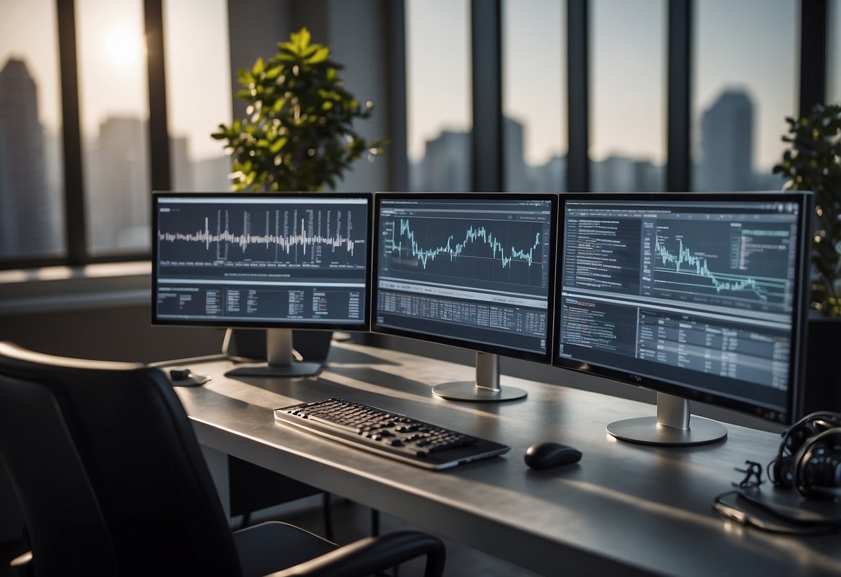 A modern office desk with a computer monitor displaying real estate data. A virtual assistant AI tool is shown assisting with property listings and market analysis