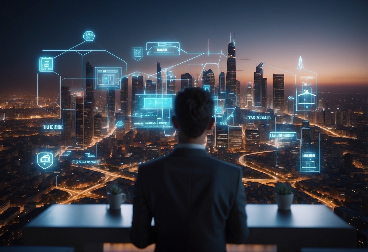 A futuristic cityscape with AI-powered real estate signs and holographic projections. A virtual assistant interacts with potential buyers, while drones survey properties