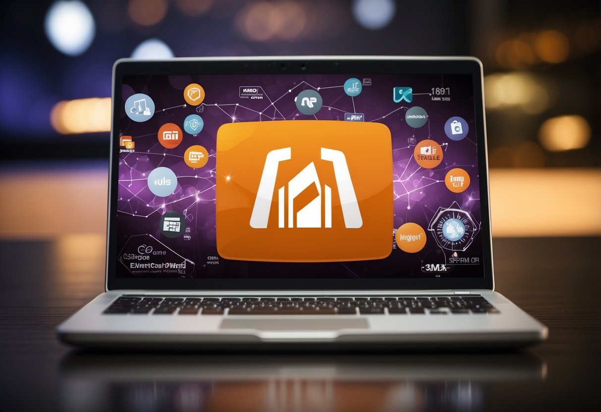 A laptop displaying Magento Commerce with CRM logos in the background