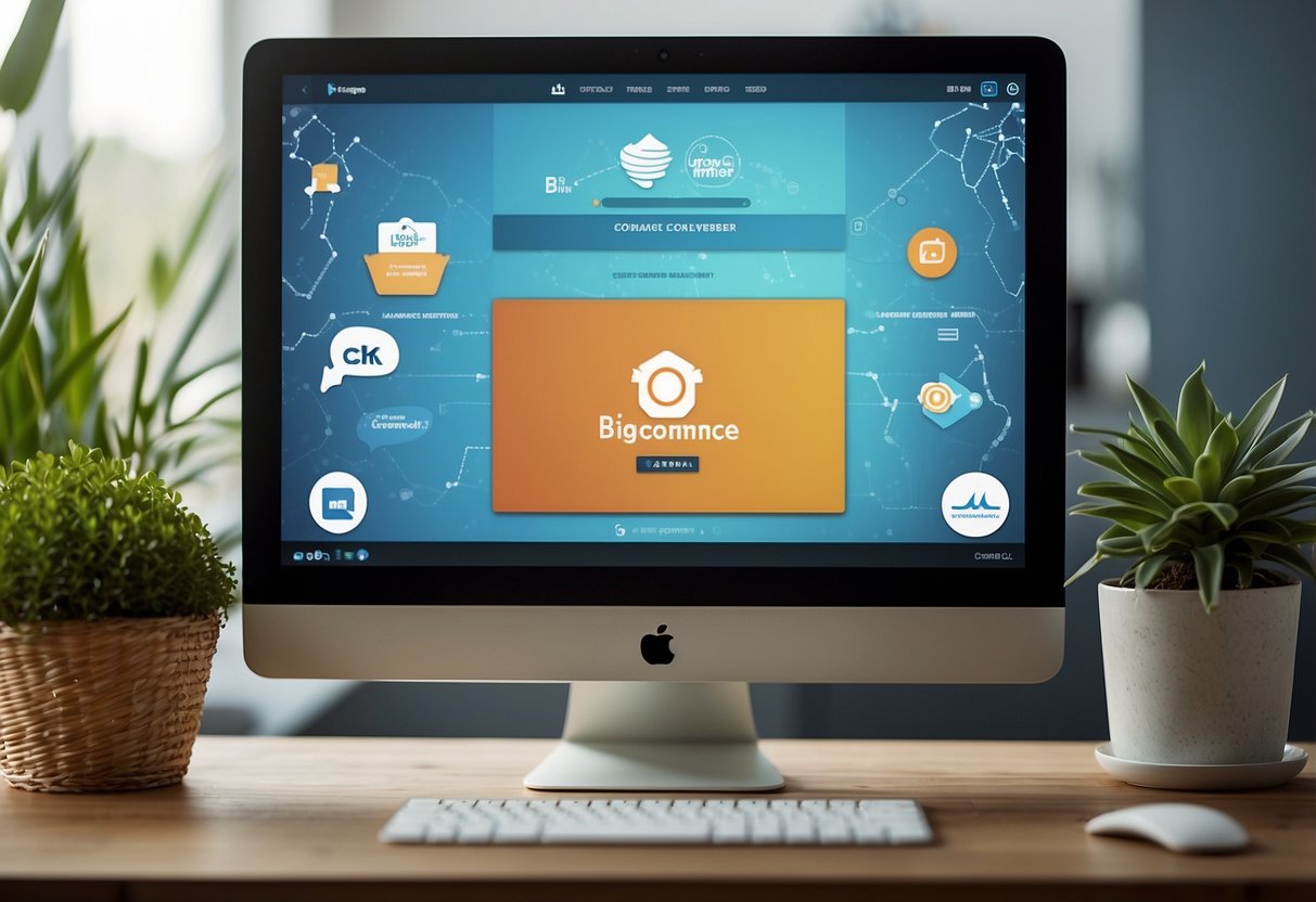 A computer screen displaying BigCommerce logo and top CRM logos for ecommerce