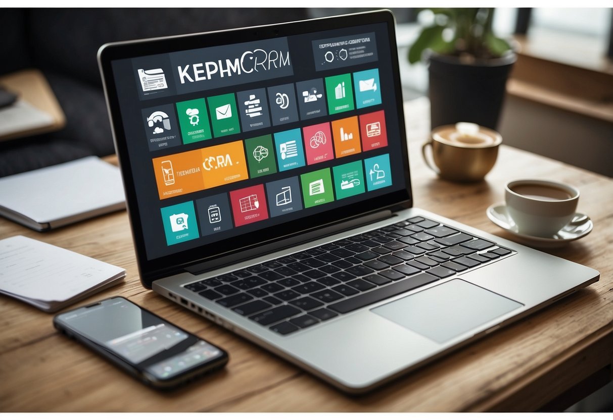 A laptop displaying Keap CRM surrounded by ecommerce icons and graphs