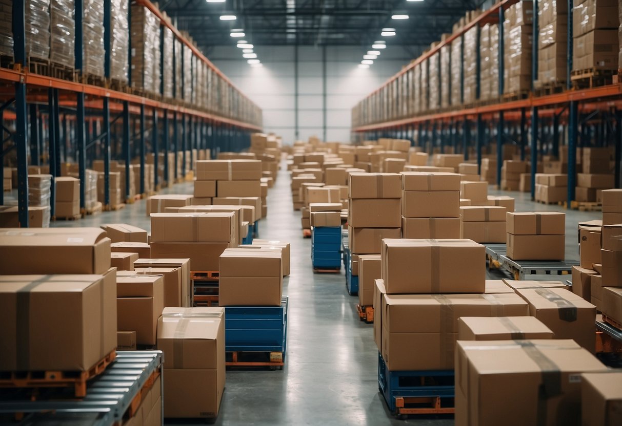 A bustling warehouse with conveyor belts, robotic arms, and drones swiftly moving packages for ecommerce orders