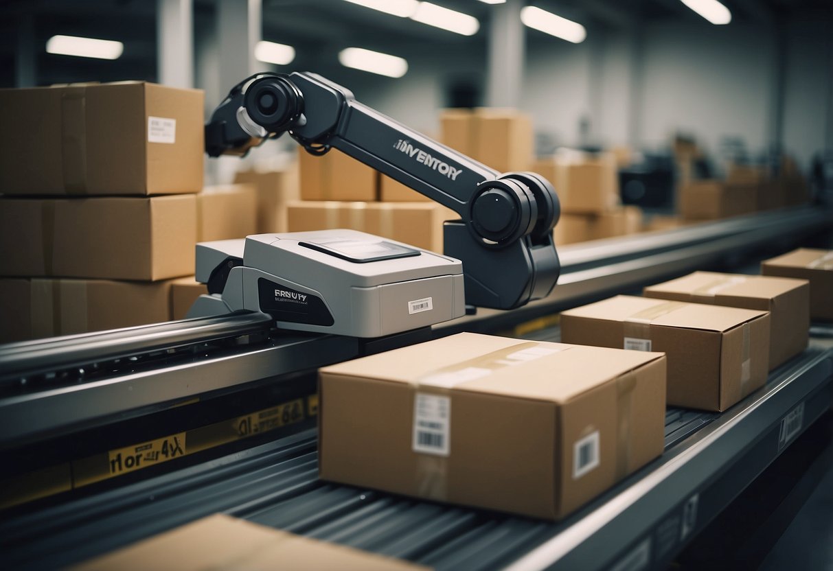 A conveyor belt moves boxes labeled "Inventory" towards a robotic arm, which scans and sorts them for ecommerce distribution