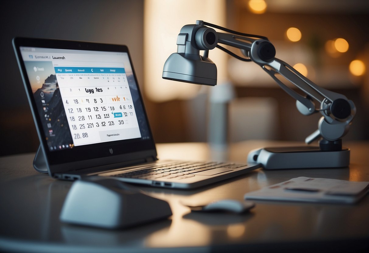 A computer screen displaying a social media scheduling tool with ecommerce products and a calendar, alongside a robotic arm pressing the "post" button