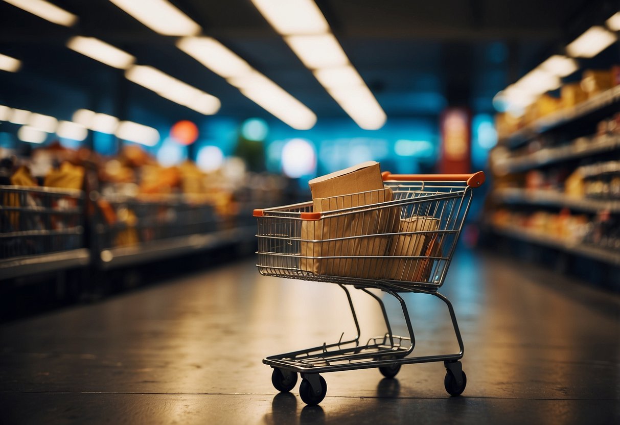 An abandoned shopping cart sits in a dimly lit online store, surrounded by virtual reminders and notifications. The digital atmosphere is filled with urgency and anticipation