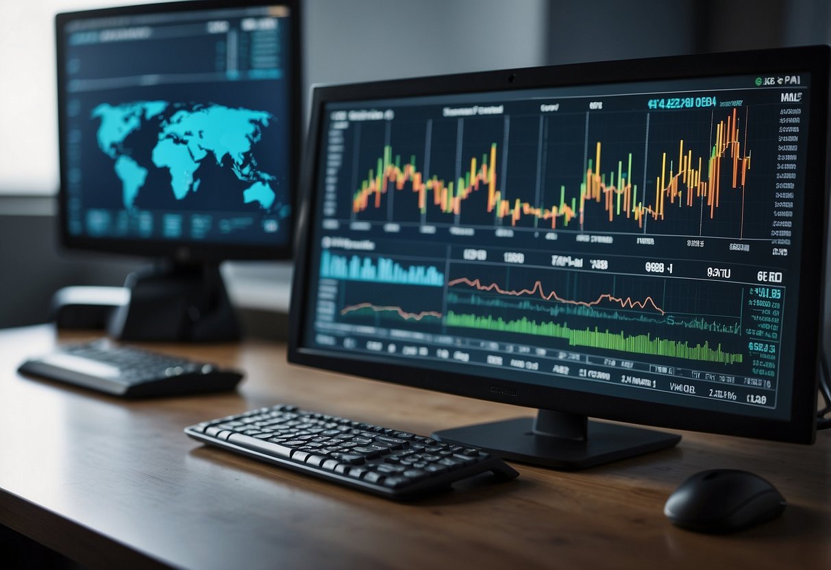 A computer screen displays fluctuating prices with graphs and data, while a series of automated processes run in the background