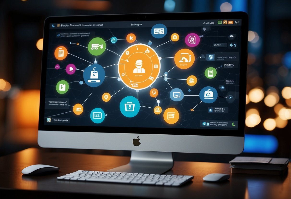 A computer screen displaying a series of interconnected icons representing the automation of ecommerce workflow. A flowchart or diagram illustrates the seamless process