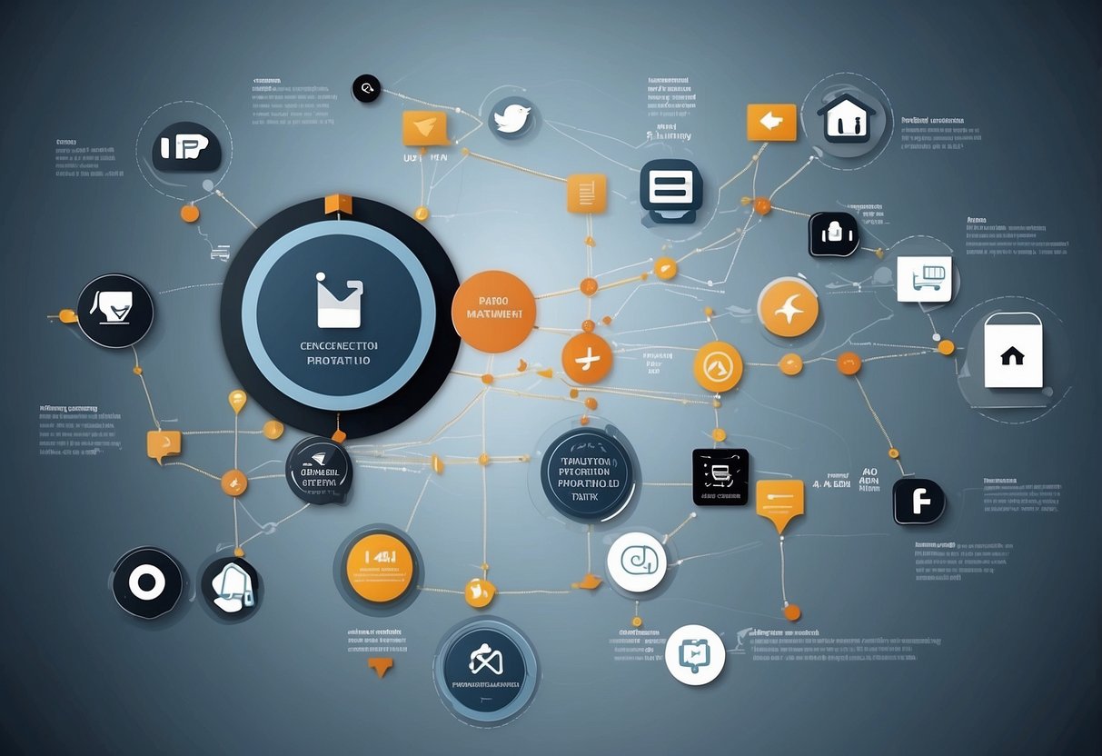 A flowchart of interconnected marketing tools and channels, with arrows indicating automation processes and data flow