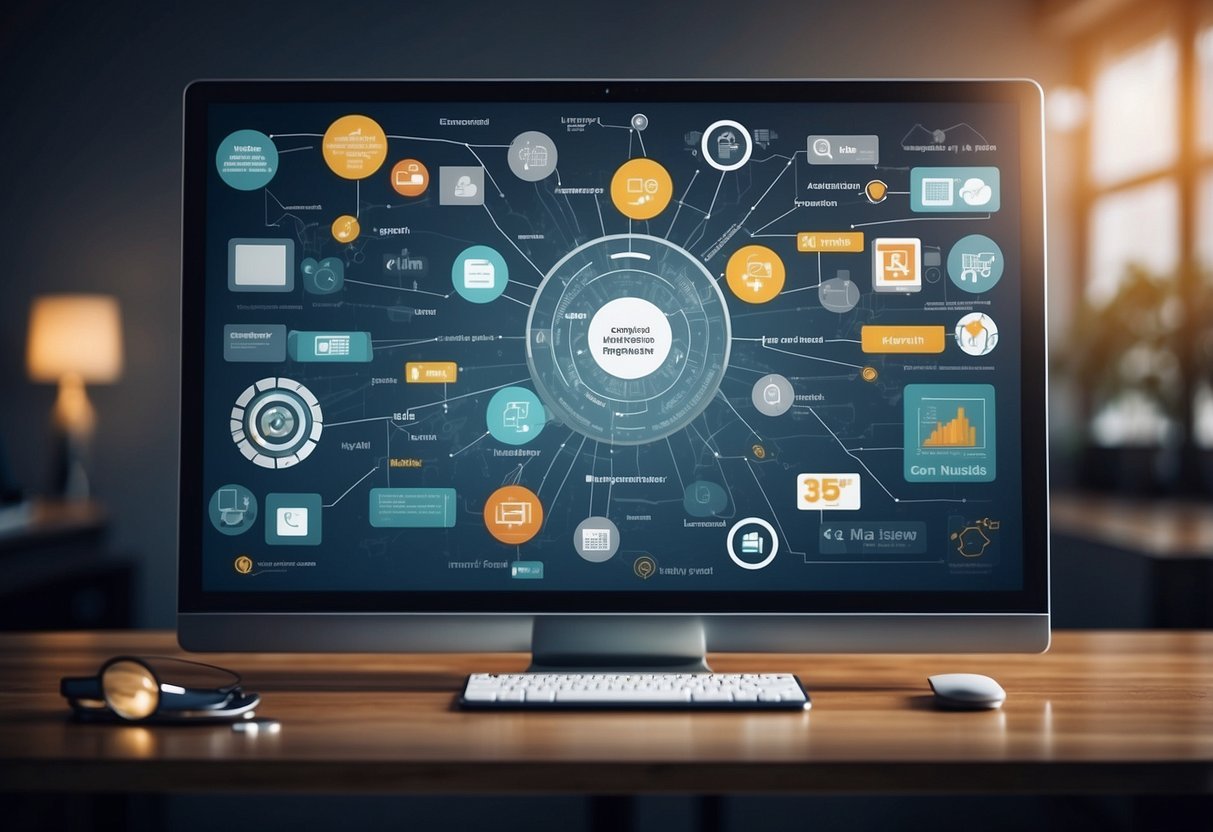 A computer screen displaying various marketing automation tools for ecommerce. A flowchart shows automated email sequences and targeted ads