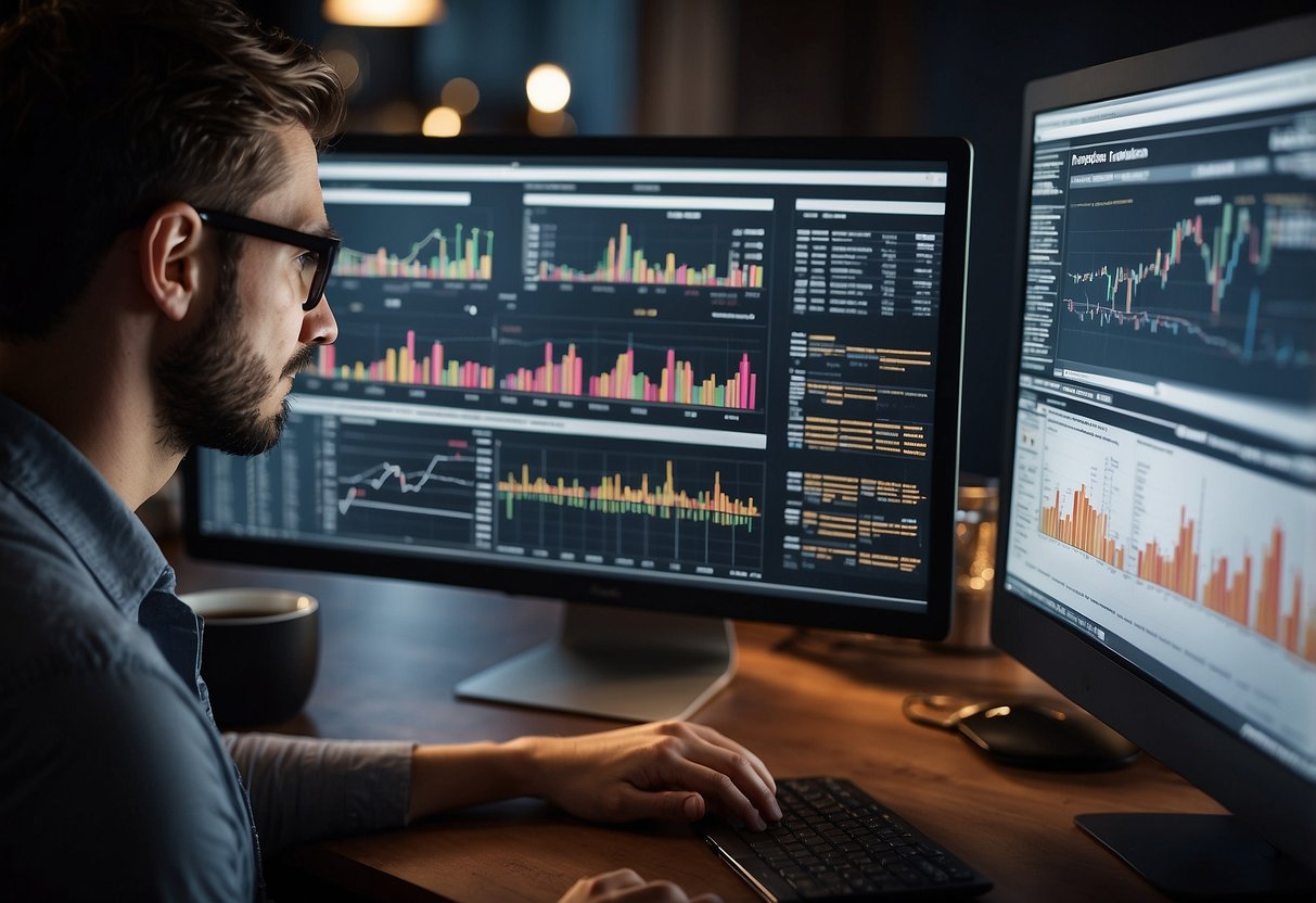 A person analyzing data on a computer screen with graphs and charts, optimizing ecommerce marketing strategies