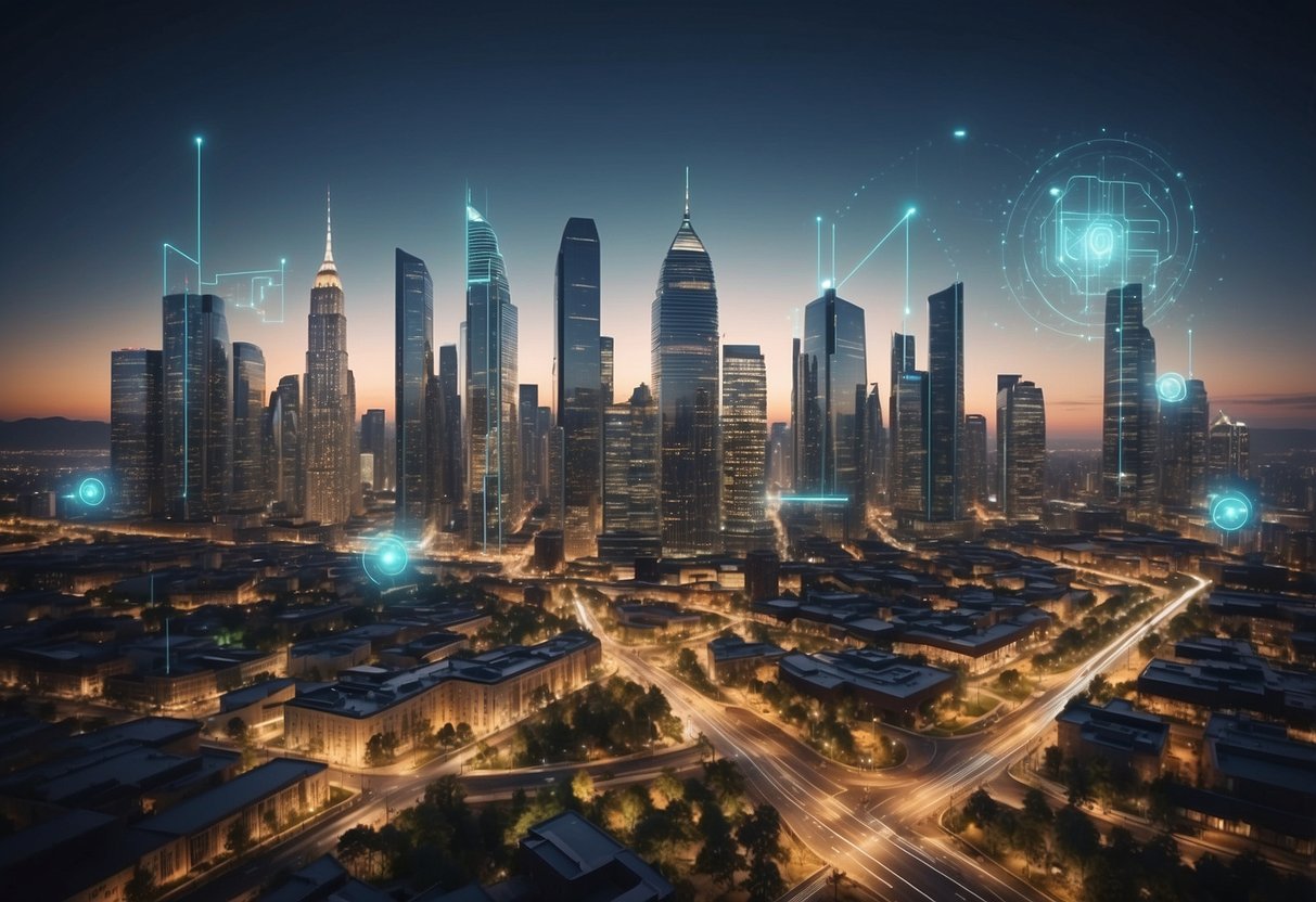 A modern city skyline with AI-powered buildings, smart homes, and automated real estate processes. Data streams and AI algorithms are visible, showcasing efficiency and convenience