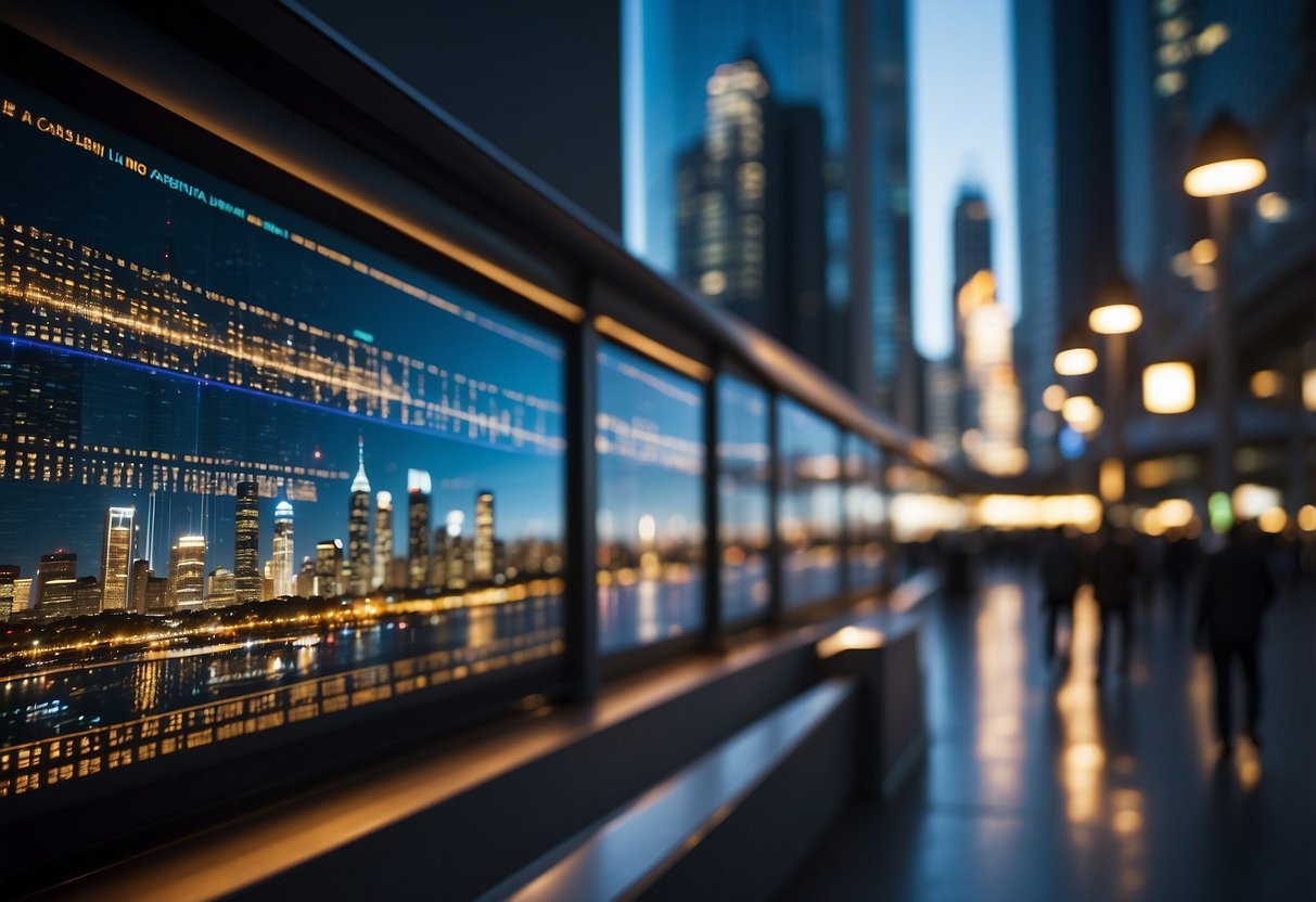 A bustling cityscape with digital screens displaying real-time market data for various real estate properties. Bright lights and modern architecture create a dynamic and high-tech atmosphere