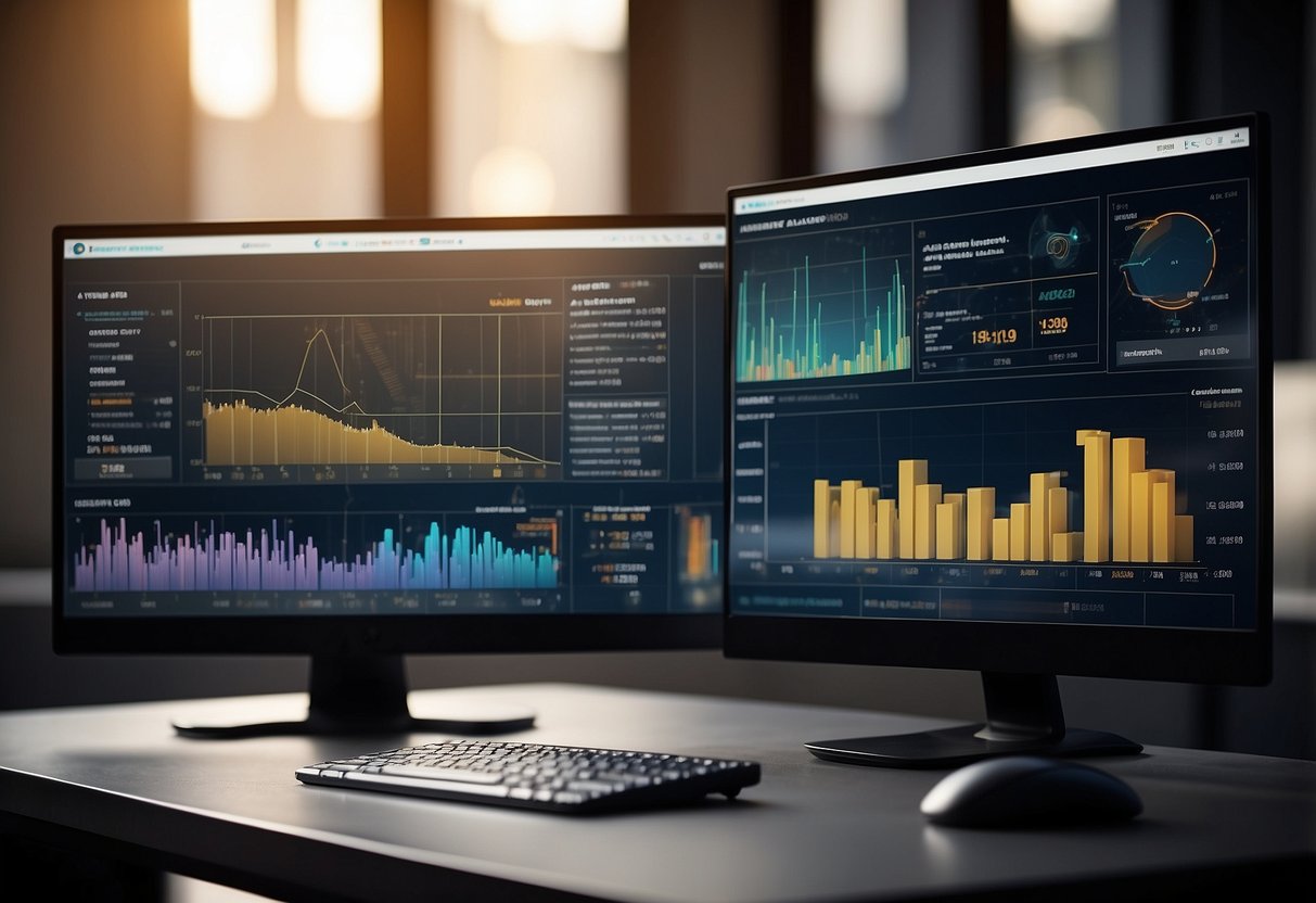 An AI software analyzes real estate data, displaying graphs and charts on a computer screen