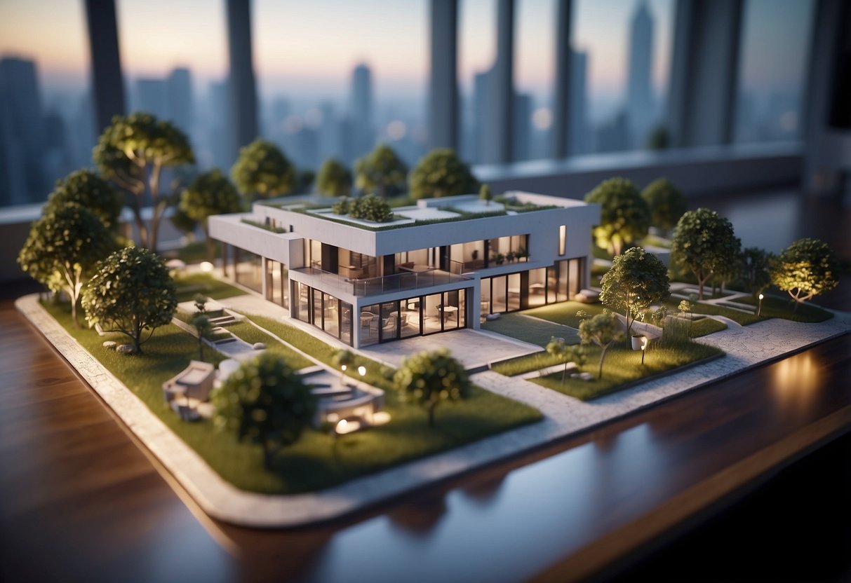 A digital interface displays a 3D model of a property, with interactive features for virtual tours