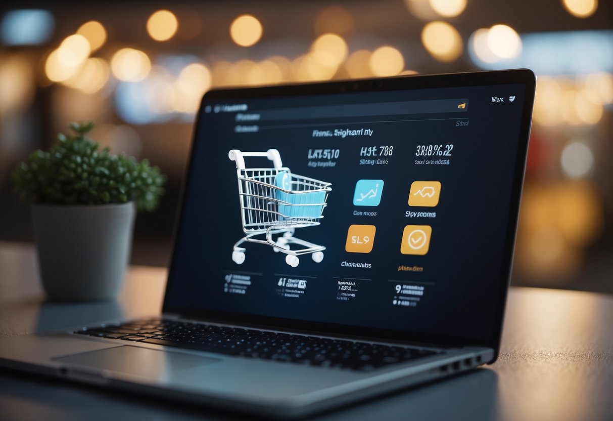 An AI algorithm selects products for a virtual shopping cart, while a chatbot assists with customer inquiries on a digital shopping platform