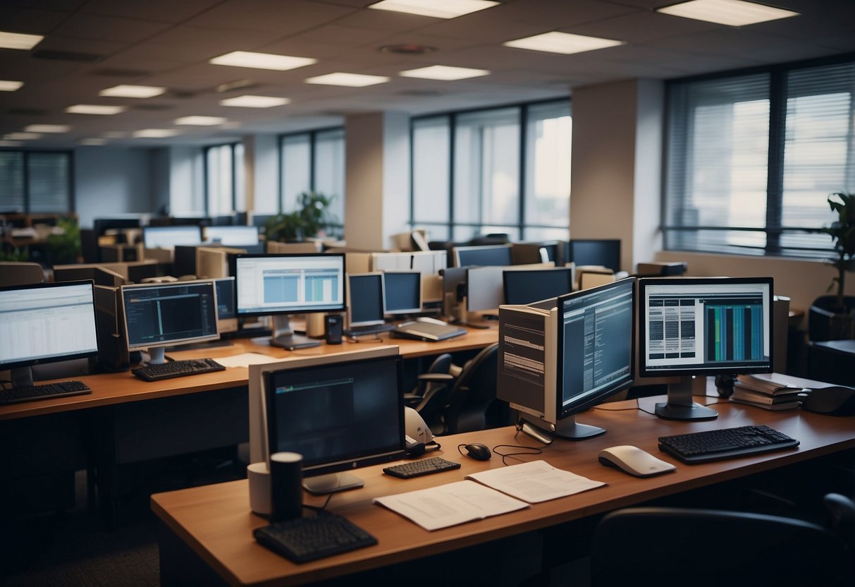 A bustling office setting with computers, documents, and workflow charts. A mix of efficient and outdated processes in contrast