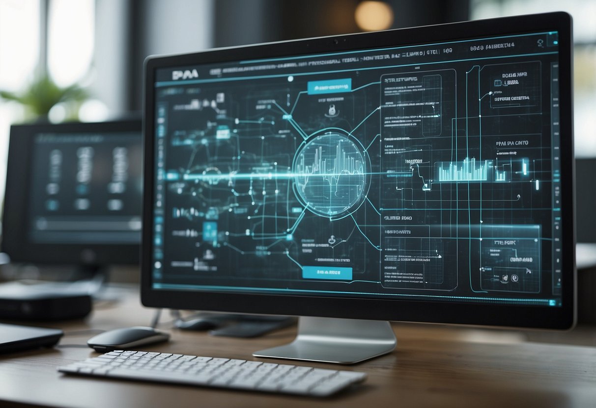 A computer screen displaying interconnected workflow diagrams and data integration tools for BPA