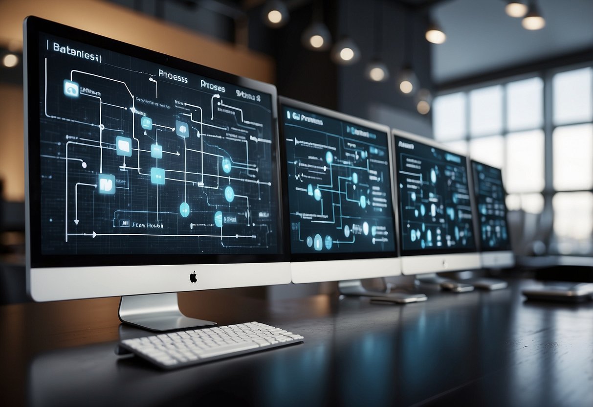 A computer screen displaying a flowchart of interconnected business processes with automated task icons