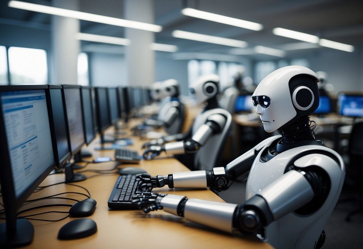 Robots performing repetitive tasks in an office setting, such as data entry, document processing, and customer service. Screens displaying automated workflows and robots interacting with various software applications