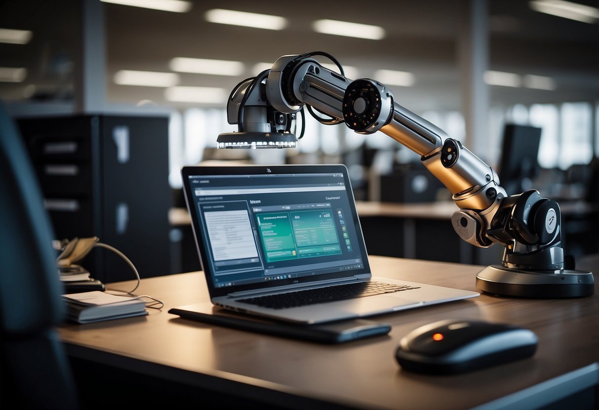 An office desk with a computer, robot arm, and paperwork. The robot arm is interacting with the computer, demonstrating robot process automation at work