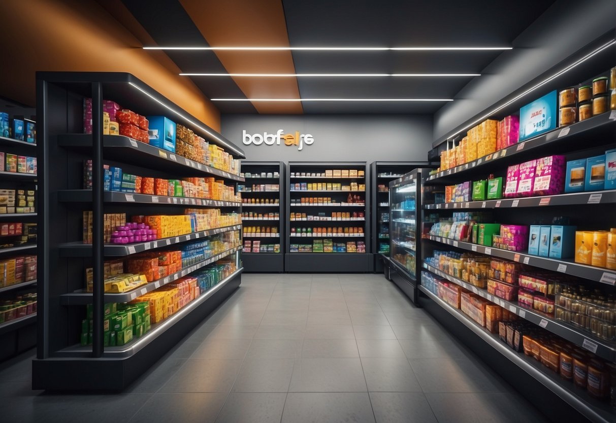 A colorful display of products arranged neatly on shelves, with AI-powered devices assisting customers and processing transactions seamlessly