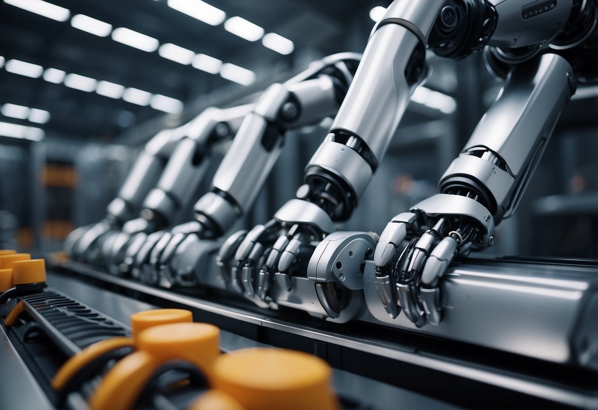 Robotic arms assemble products in a futuristic factory, guided by AI algorithms